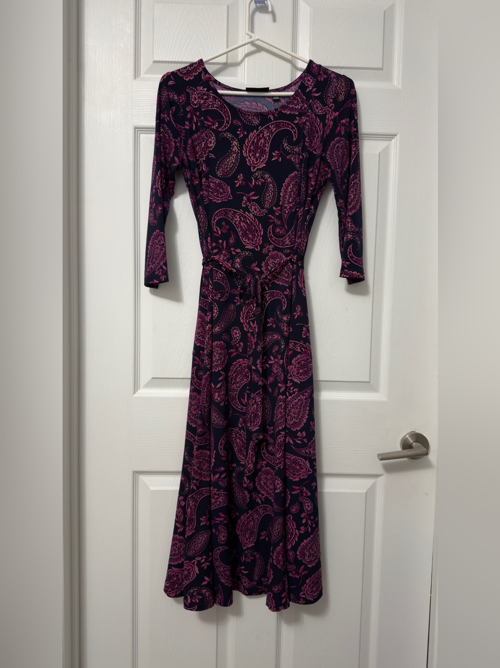 Nina Leonard Black and Magenta Paisley Maxi Dress with Waist Tie